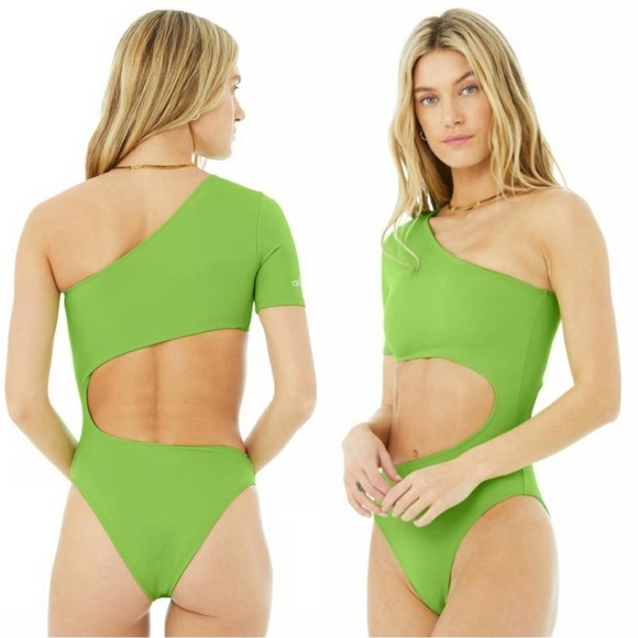 ALO Yoga Body Wave Cut Out One Piece Bodysuit Swimsuit Green Apple Size XS - Picture 2 of 8